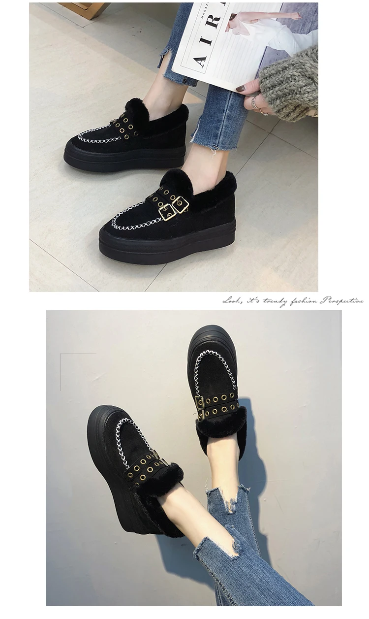 Winter new warm platform women's shoes with fur Rhinestone round head black flat shoes khaki soft brand design shoes q142