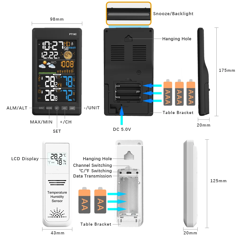 Два датчика s Красочный ЖК-дисплей Метеостанция датчик температуры и влажности с барометром погоды, время радиоуправления