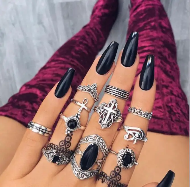 Conjunto de anillos negros para niñas, joyería de moda, estilo bohemio, accesorios para parejas, egirl lgbt