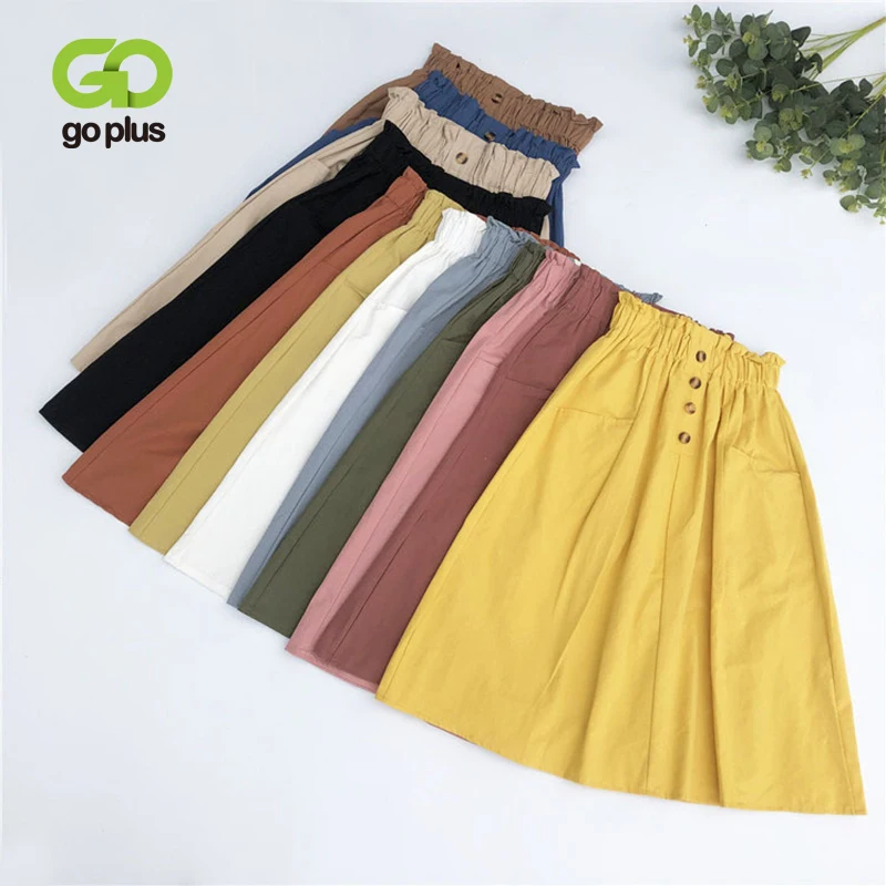 

Women's Skirt Summer Casual A-Line Black White Buttons Mid-Calf Elastic High Waist Skirts Womens Faldas Mujer Moda 2020