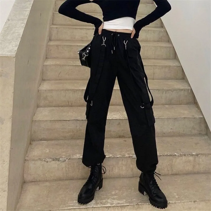 

Cool Ladies Ribbons Cargo Pants Women Hip Hop Gothic Pants Black Sweatpants Capris Pockets Loose Trouser Mujer Pantalones