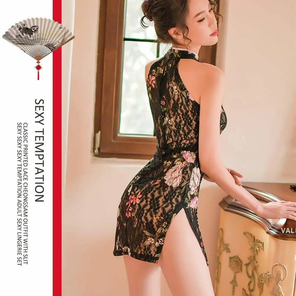 Женская Сексуальная Замочная скважина Cheongsam нижнее белье прозрачный кружевной Цветочный Babydoll высокий раздельный Ночной костюм черный