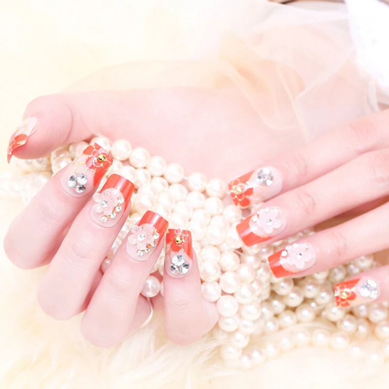 New 24pcs Fashion Long Fake Nails Tips Oval Red Gradient Japanese White Cherry Style Flower Decorated for Fashion Girls