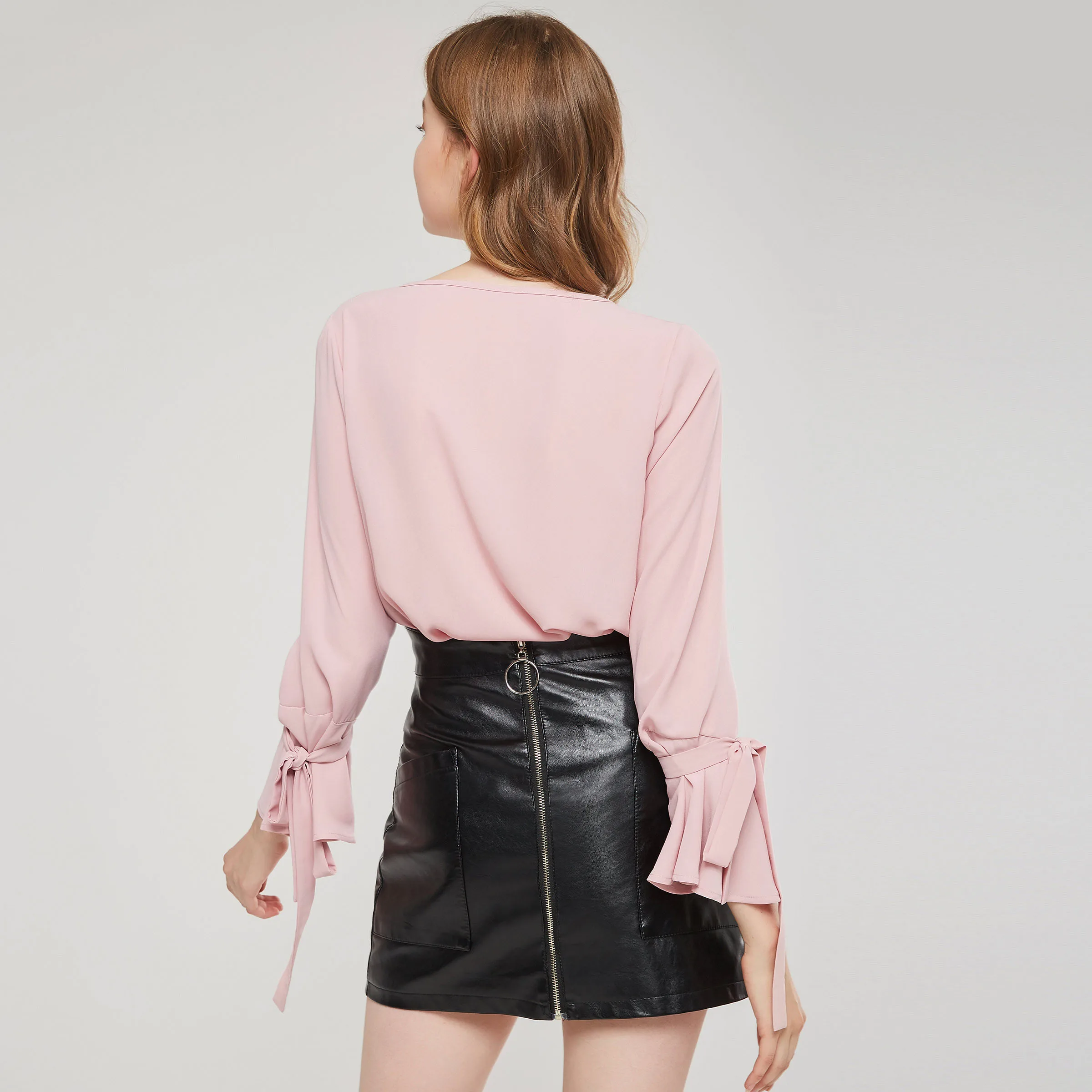 Summer Spring Women Chiffon Blouses Sweet Casual Slim Flare Sleeve Plain Button Bowknot Female Shirts - 4.00069E+12