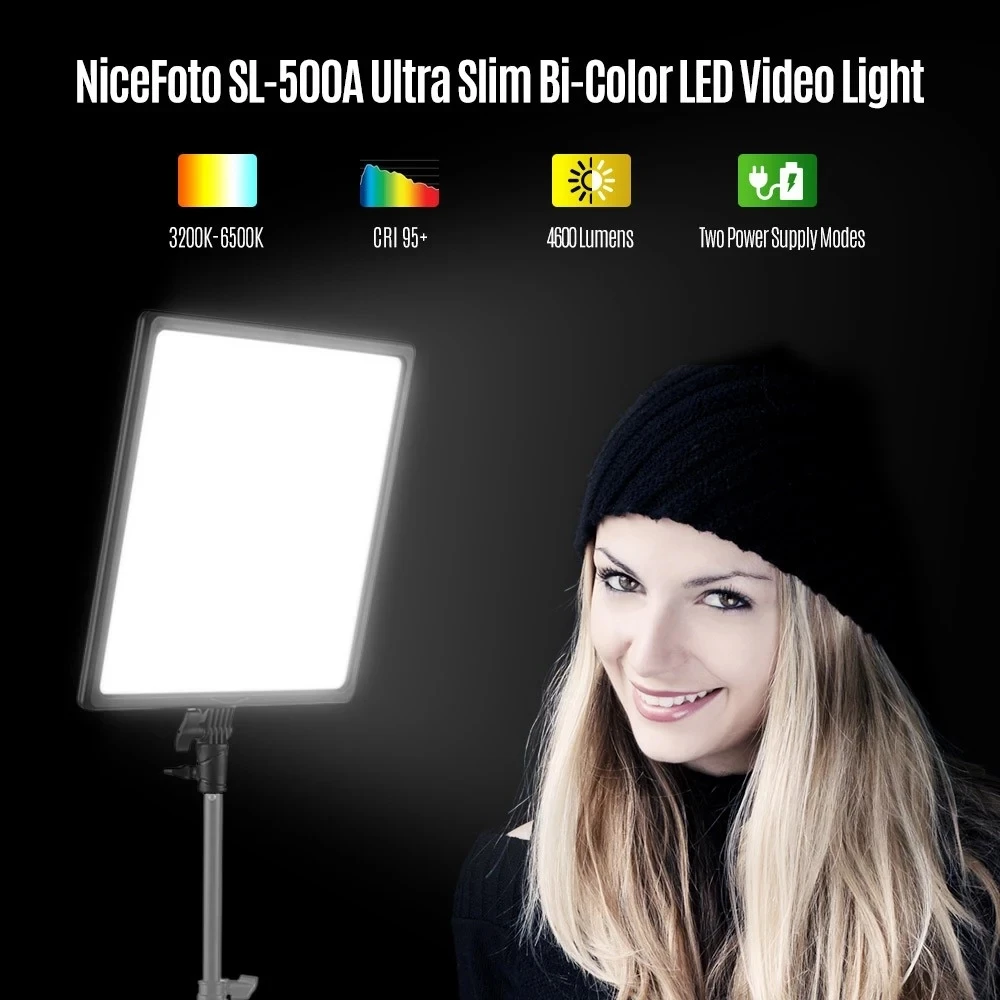 

NiceFoto SL-500A Ultra Slim Bi-Color LED Video Light Photography Fill Light 3200K-6500K CRI 95+ Mobile APP Control