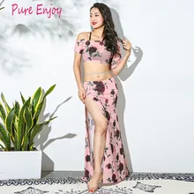Дешевые Танцор Костюм Женщины Блеск Bellydance Одежда Лето С Коротким Рукавом Топ Сексуальная Юбка Белый Розовый