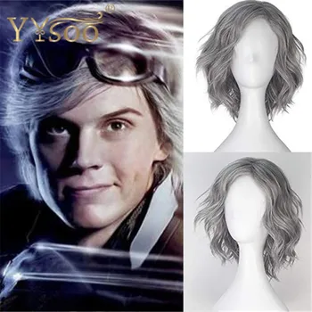 

YYsoo Avengers Quicksilver Pietro Django Maximoff Cosplay Wigs Unisex Short Curly Wave Silver Grey Color Synthetic Cosplay Wig