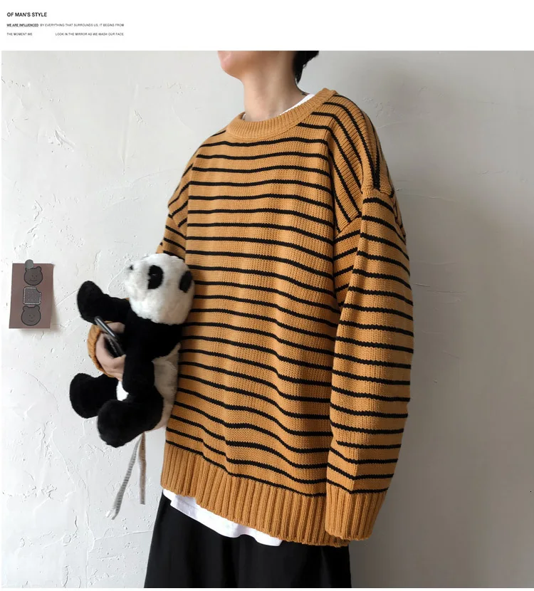 Полосатый свитер, мужской модный Повседневный вязаный пуловер с круглым вырезом, мужской свободный свитер с длинными рукавами, мужской свитер, одежда