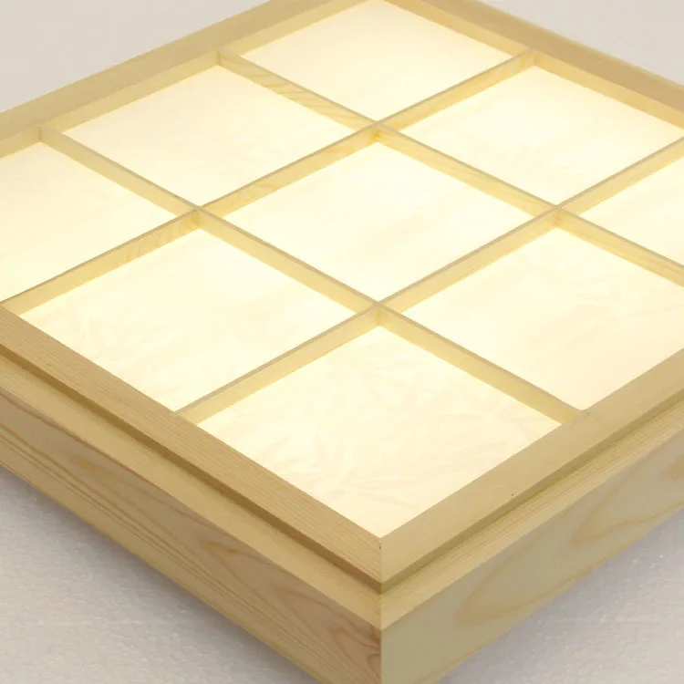 

Japanese Style Tatami Wood Ceiling and Pinus Sylvestris Ultrathin LED Lamp Natural Color Square Grid Paper Ceiling Lamp Fixture