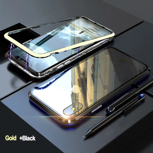 Магнитный металлический чехол для samsung Galaxy S10 S9 S8 плюс S10e Note 8 9 10 Pro M20 M10 A30 A50 A7 A8 A9 закаленное Стекло крышка - Цвет: Gold Black