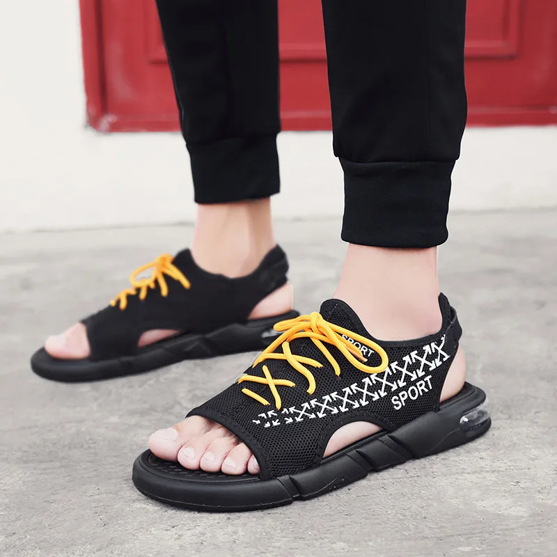 

2019 New Style Summer MEN'S Sandals Cool Trend Lace up Front Mesh Peep-Toe Anti-slip Air Cushion Flat Men Sandals