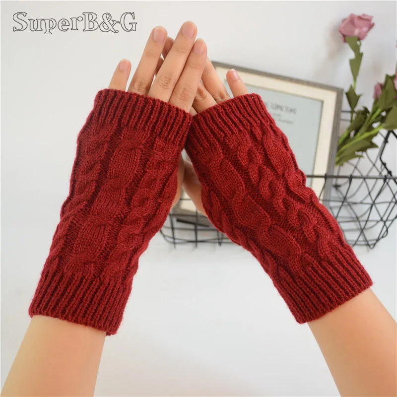 

Hot Selling Women's Winter Gloves Hand Warmer Winter Gloves Knitting Mittens Solid Color Fingerless Gloves Mitten Female Girls