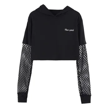 

Casual Pullover Women Autumn Winter Sweatsuit Long Sleeve Mesh Crop Top Patchwork Letter Print Sweatershirt bluzy damskie