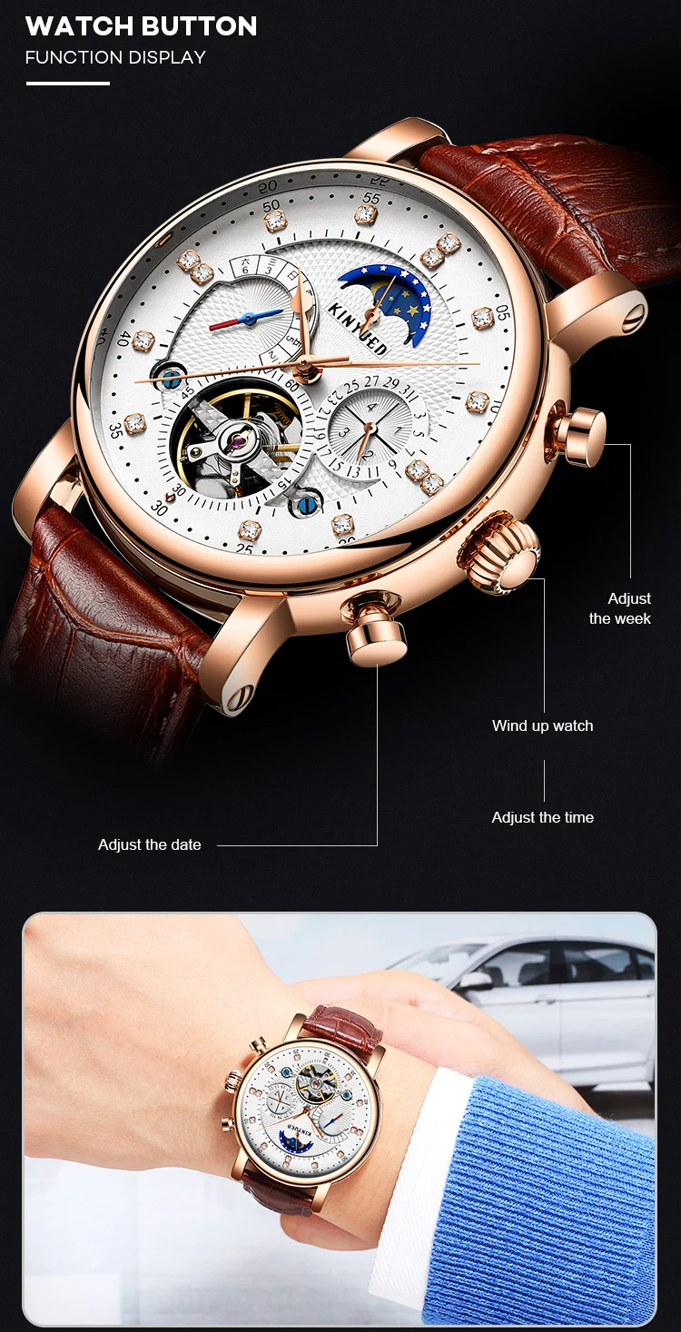 KINYUED Moon Phase Топ бренд для мужчин s механические часы автоматические Турбийон Скелет часы для мужчин календарь Relogio Masculino Прямая поставка