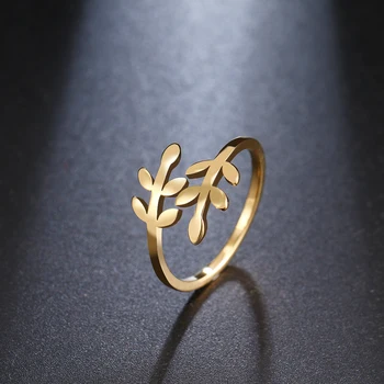 Simple New Creative Leaf 316L Stainless Steel Ring For Women Open Design Gold Silver Color Jewelry