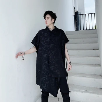

EWQ / summer men's wear asymmetric double-breasted loose personalized oversize short-sleeved printting black shirt tide 9Y2459