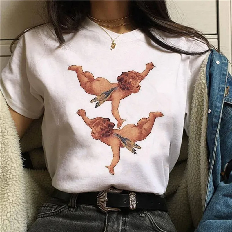 white 90s корейский стиль футболка Эстетическая Kawaii графическая Футболка Модные женские футболки Harajuku Angel забавная Футболка женская Ullzang - Цвет: white