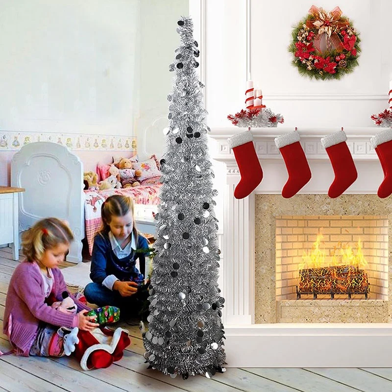5Ft Christmas Tinsel Tree with Stand, Gorgeous Collapsible Artificial Christmas Tree for Christmas Decorations