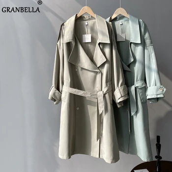 

Ouversize all-matched spring fall girl's outerwear plain lighter color female trench coat with belt women's chic windbreake