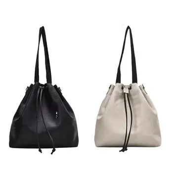 

Fashion Drawstring Shoulder Messenger Bags Solid Color Large Capacity Bucket Handbags Women Durable PU Leather Crossbody Bag