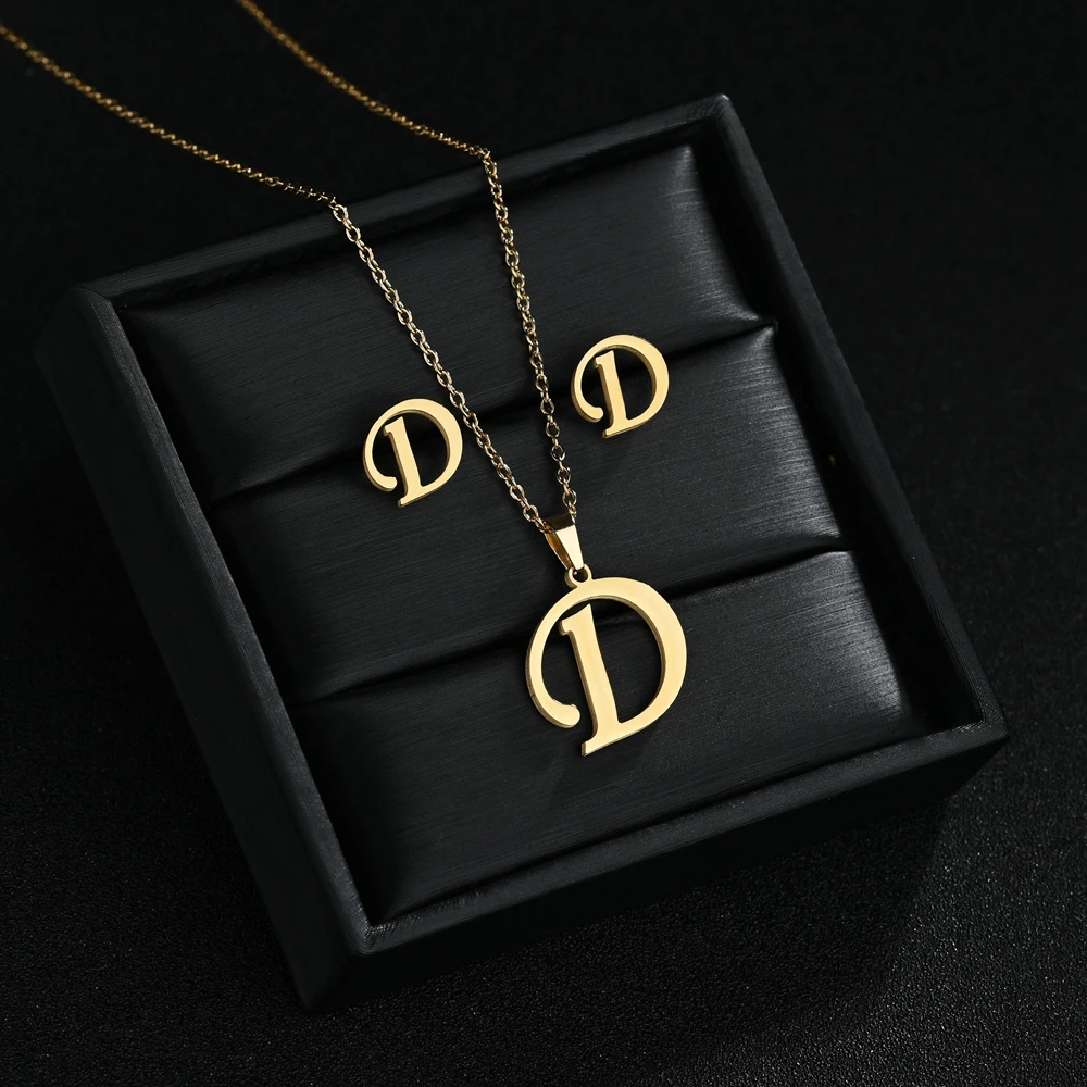 A-Z Stainless Steel Initial Necklace And Stud Earrings Jewelry Sets Alphabet Pendant Chain Letter Accessories Gifts - Image 5