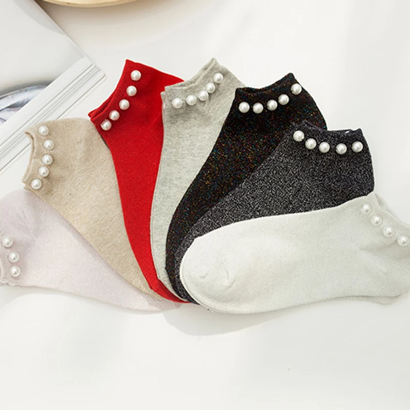 Silver Silk Pearl Socks Thin Crystal Socks Warm feet 1pair Summer Fashion Female Socks Womens Ladies Crystal Short Socks
