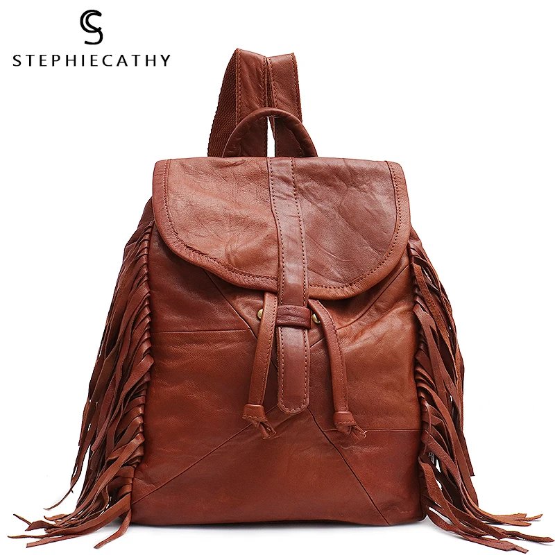 SC Fashion Sheepskin Backpack For Girls High Quality Leather Flap Shoulder Bag Women Tassel Day Pack School Bag ladies knapsack