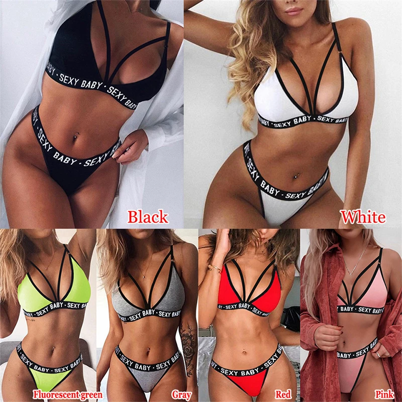 2020 Sexy Lingerie Sets Women Fashion Alphabet Print Solid G-String Underwear Set Outdoor Sport Sexy Nightwear Push Up Bra Set sheer bra and panty sets