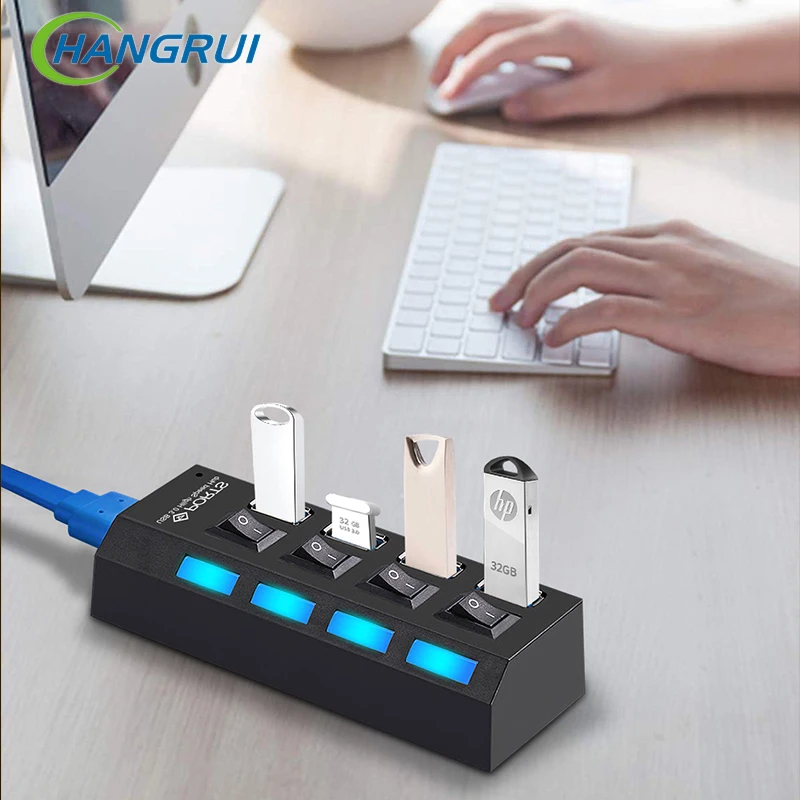 Concentrador de red USB 2,0, divisor de 4 puertos, adaptador de corriente, expansor múltiple, Hub USB 2,0 con interruptor para PC, Accesorios de ordenador