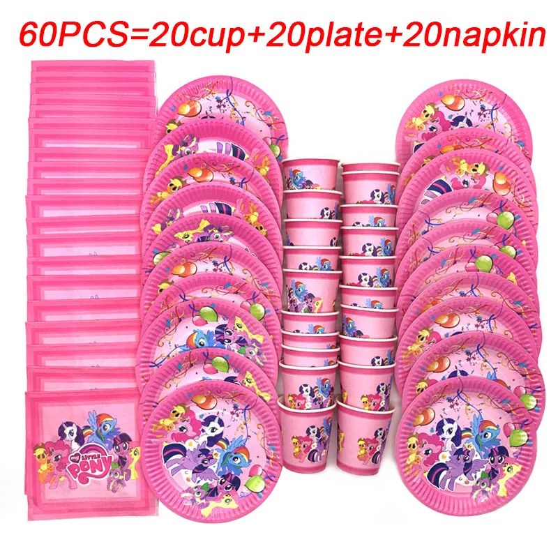 beipanzhi-60pcs 60 шт., вечерние одноразовые столовые приборы в стиле My Little Pony на день рождения, набор бумажных стаканчиков, тарелки и соломки, украшения для свадебной вечеринки - Цвет: beipanzhi-60pcs