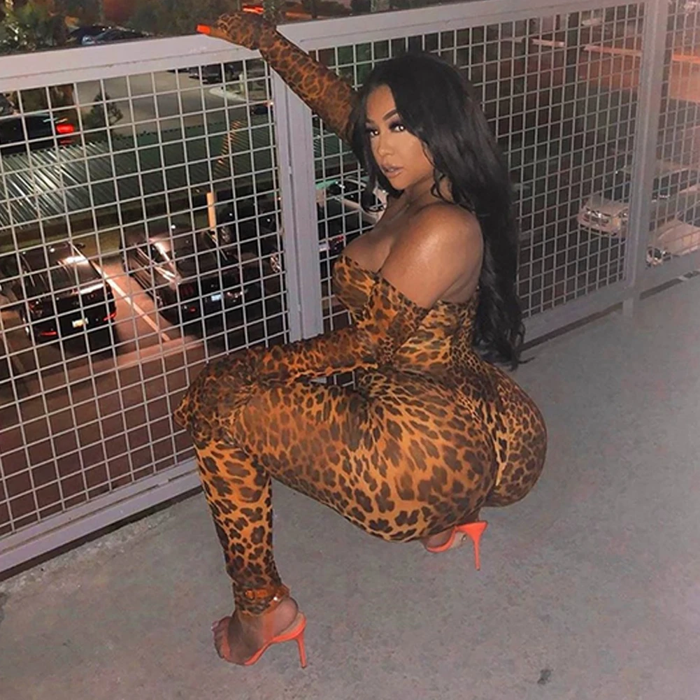 Sexy Women Mesh Sheer Leopard Print Ruffle Sleeve Long Jumpsuit Romper Clubwear