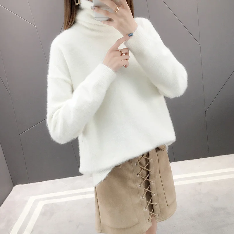 beige white Кашемировый свитер с воротником из искусственной норки, женский осенне-зимний пуловер, женские теплые свободные свитера, вязаные женские пуловеры, топы C5795 - Цвет: beige white