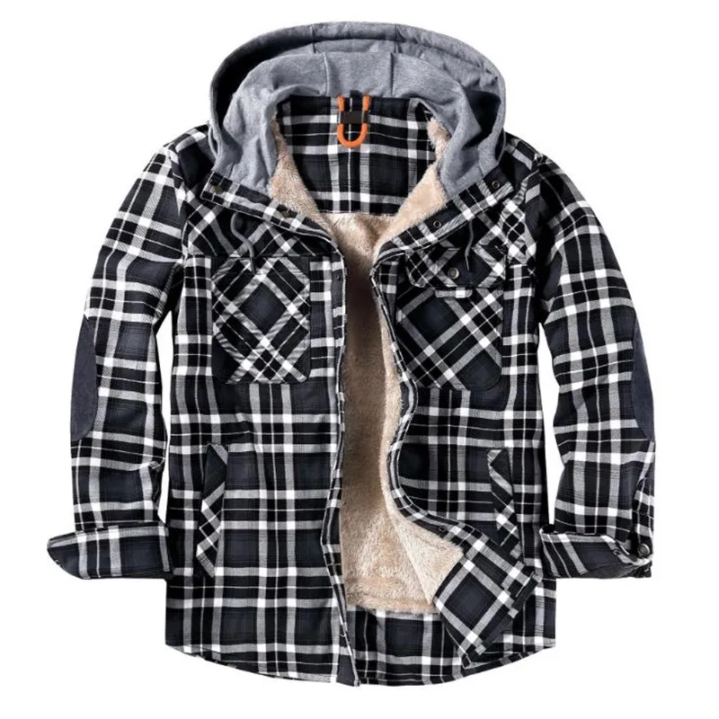 Winter Casual Plaid Hooded Velvet Thickened Warm Men Shirt Men’s Cotton Loose Long Sleeve Shirts
