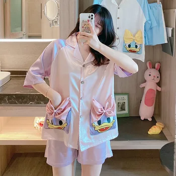 

Donald Duck Viscose Fiber Pajamas Women's Short-Sleeved Silk Cute Sweet Suit Leisure Set Women sleepwear pijama mujer