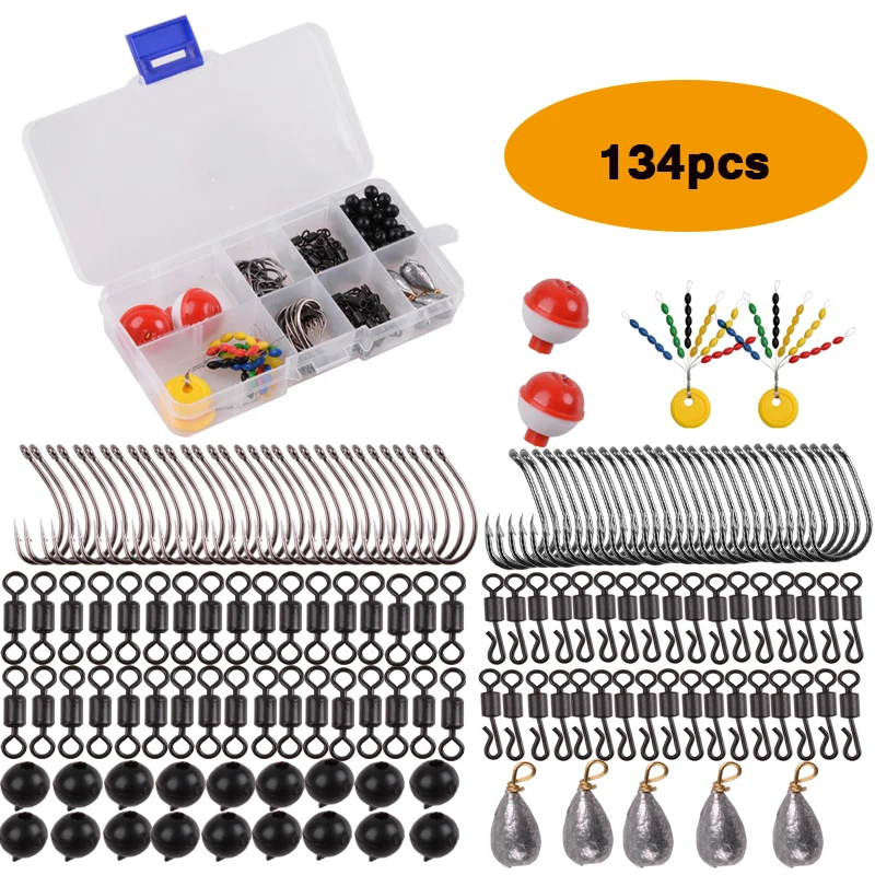 

134pcs/Box Carp Fshing Accessories Kit Fihing Beads Hooks Space Bean Sinkers For Carp Bass Bobber Rigs