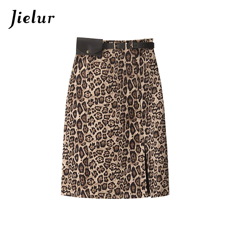 Leopard Jielur юбка леопардовой расцветки с разрезом Сумка с высокой талией Сумка с ремнем на бедрах, женские юбки из оленьей кожи бархатная мягкая модная осенне-зимняя пикантная Клубная одежда - Цвет: Leopard