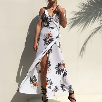 

Sexy V Neck Spaghetti Strap Short Sleeve Flower Print Dress Women Summer Female Casual Boho Beach Long Dresses Lange Jurken