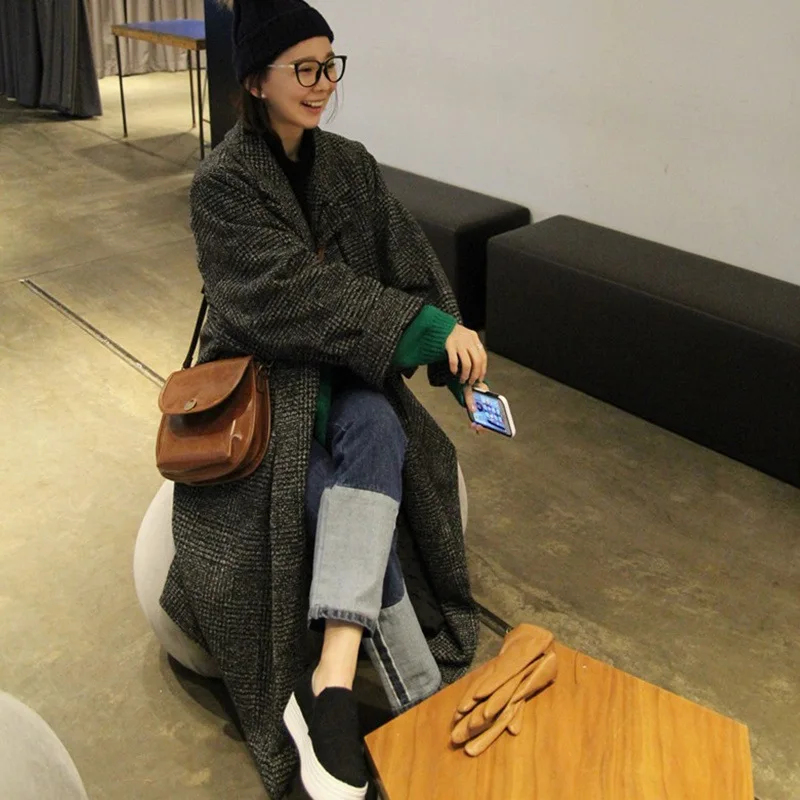 

New Style Loose-Fit Plaid Mid-length Woolen Jacket Women's Cocoon Thousands of Birds College Style Woolen Jacket Women's