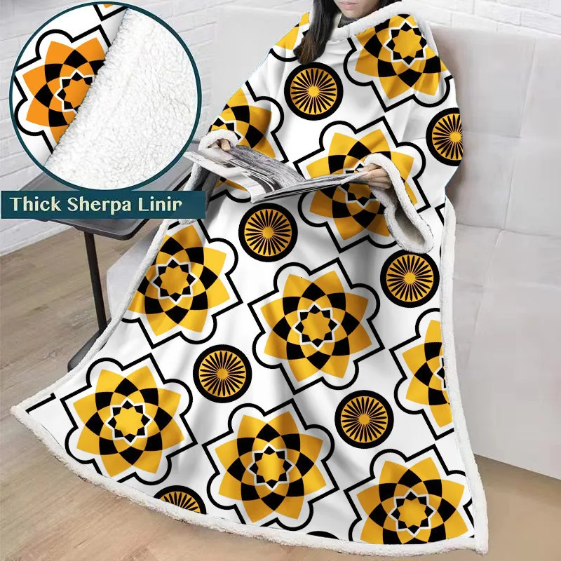 Wearable Long Sleeves Blanket Geometry Printing Soft Cozy Fleece Winter Warm Cover Blanket Travel Camping Cold-proof Blanket