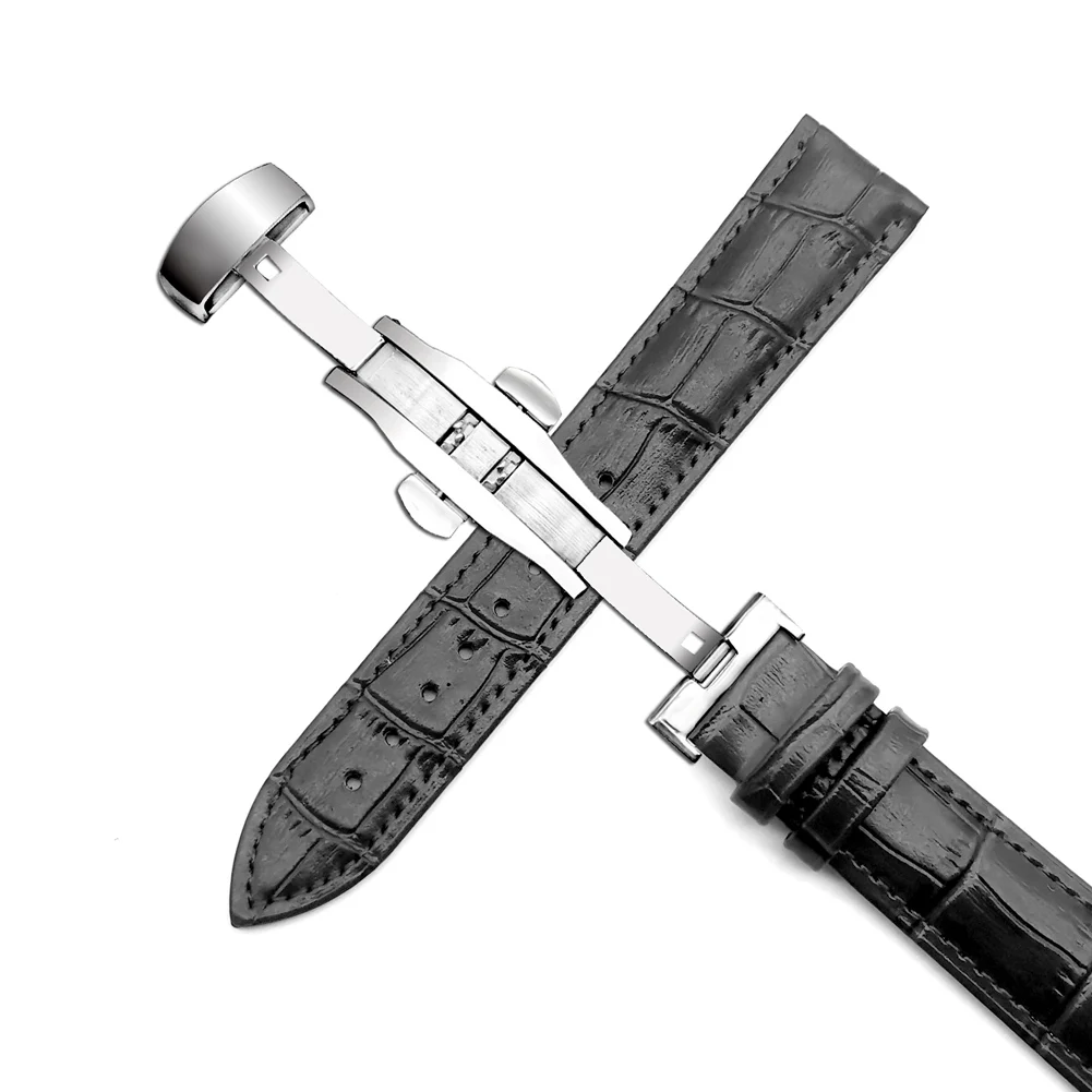 Premium Calfskin Leather Watch Strap with Double Push Butterfly Buckle