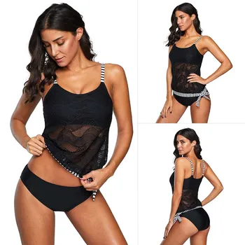 

Women two pieces swimsuits gather conservative swimwear cover belly slim black lace hollow bikini swimsuit 411712