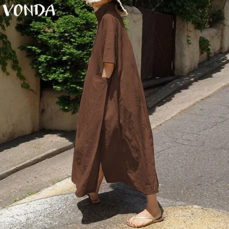 Платье размера плюс до середины икры VONDA, женские сексуальные вечерние платья-рубашки, летние повседневные свободные платья с v-образным вырезом и расклешенными рукавами