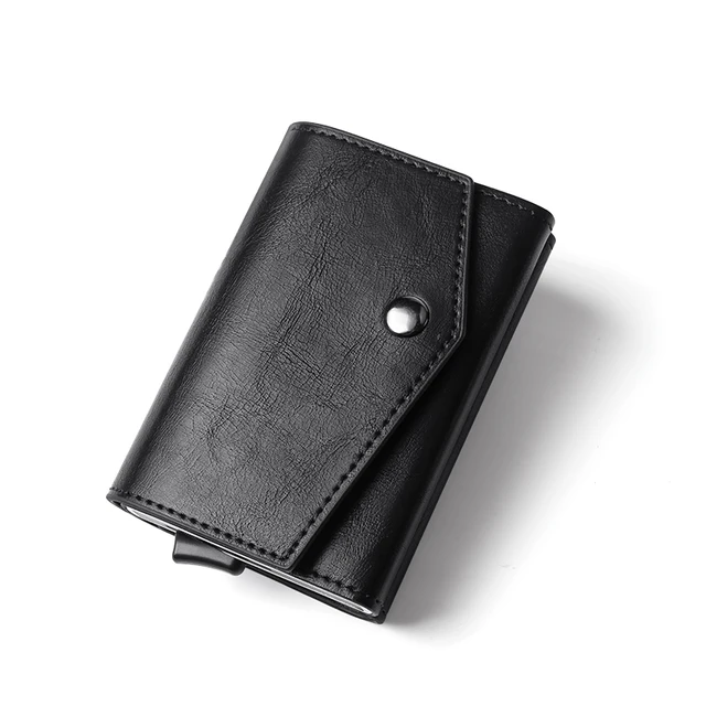 Aluminum Metal Pop up Credit Card Wallet 2021 New Fashion Men RFID NFC Protection Tri-fold PU Synthetic Vintage Smart  Wallet Black