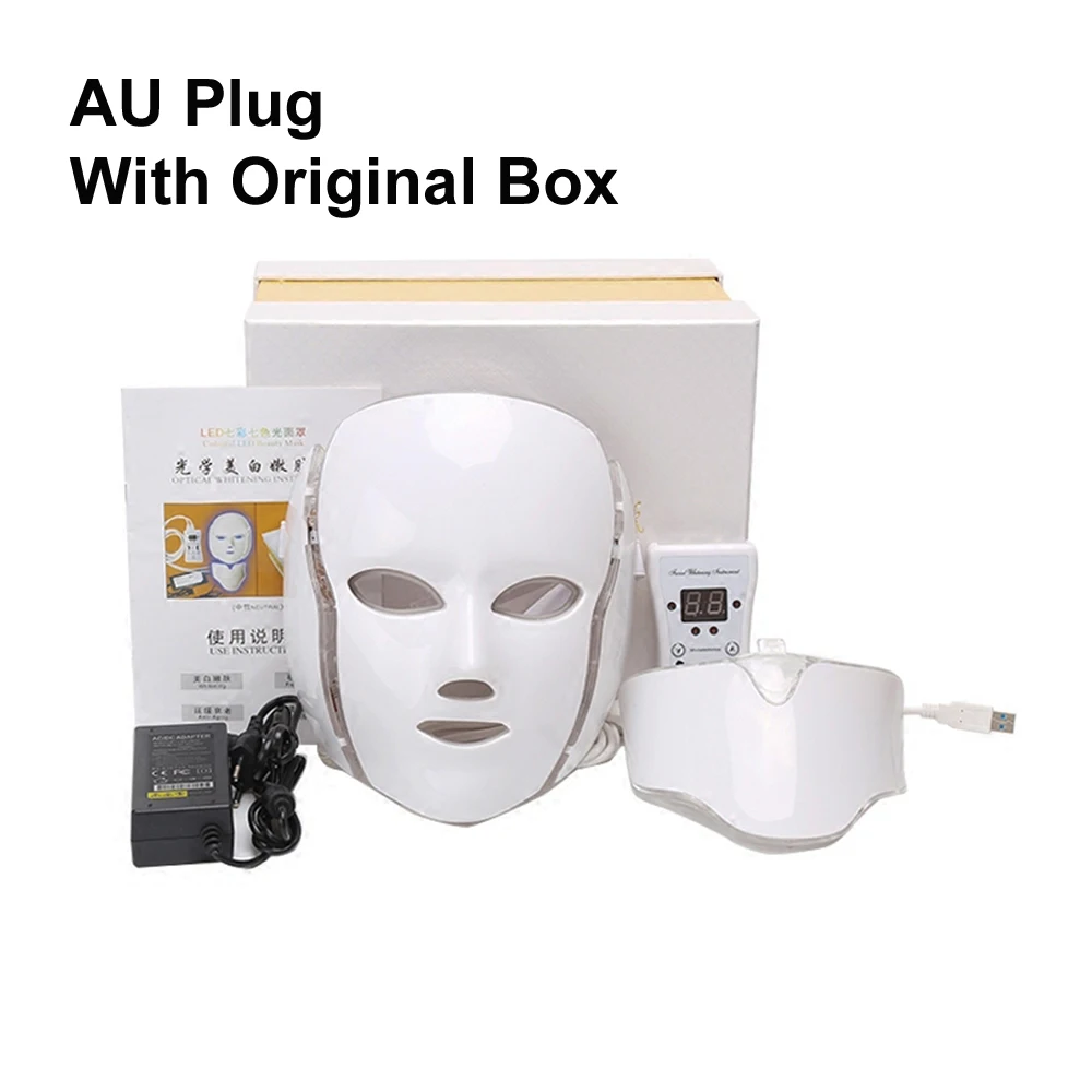 AU Plug Origin Box Светодиодная маска для лица, 7 цветов, светодиодная Корейская фотонотерапия, маска для лица, машинный светильник, маска для лечения акне, маска для шеи, светодиодная маска для кожи, Mouisture - Цвет: AU Plug Origin Box