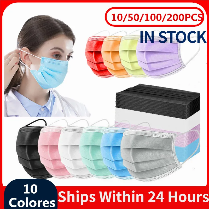 10-200PCS Disposable Protective Mask Colored 3 Layers Filter NonWoven Cloth Mouth Masks faciales mascarillas negras quirurquijas