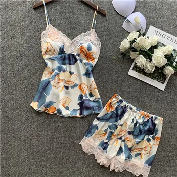 

2020 Summer Women Sexy Lace Pajamas Sets With Shorts Female Satin Flower Print Silk Pyjama Nightsuits Chest Pads Pijama