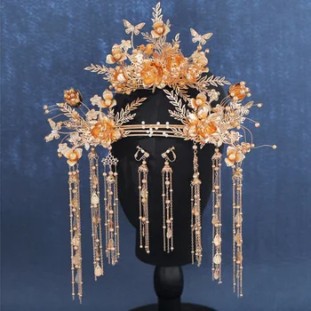 

Chinese WeHeaddress Tranditional Wedding Crown Hair Comb Hairpins Set Brides Costoume Hair Accessories Floral Headbands