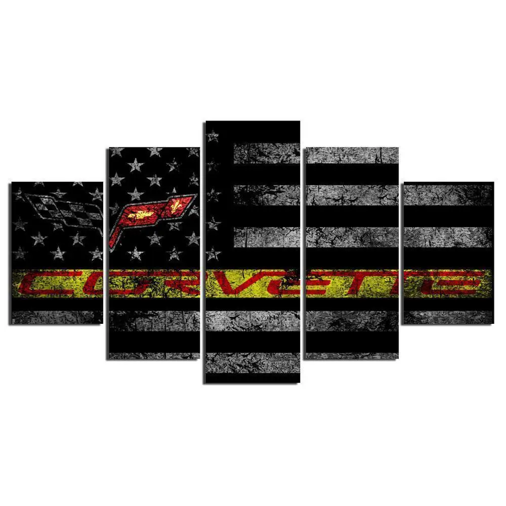 

No Framed Canvas 5Pcs Corvette Chevy Flag Rustic Fall Art Posters Pictures Home Decor Paintings Decorations