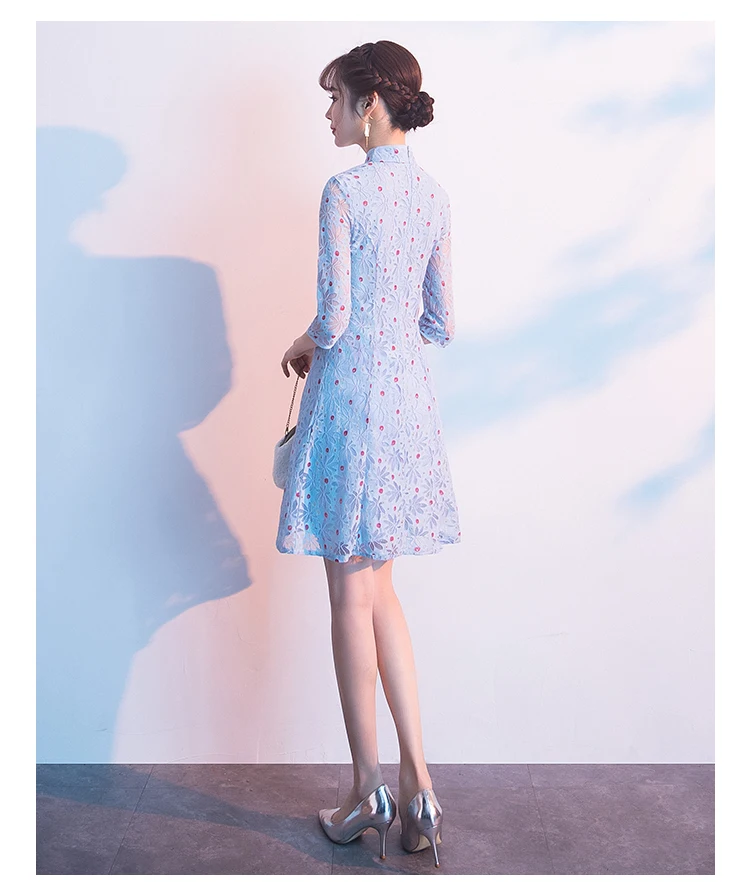 Spring Floral Lace Chinese National Dress Cheongsam A-Line Party Mini Vestidos Vintage Buckle Elegant Ladies Dress Plus Size
