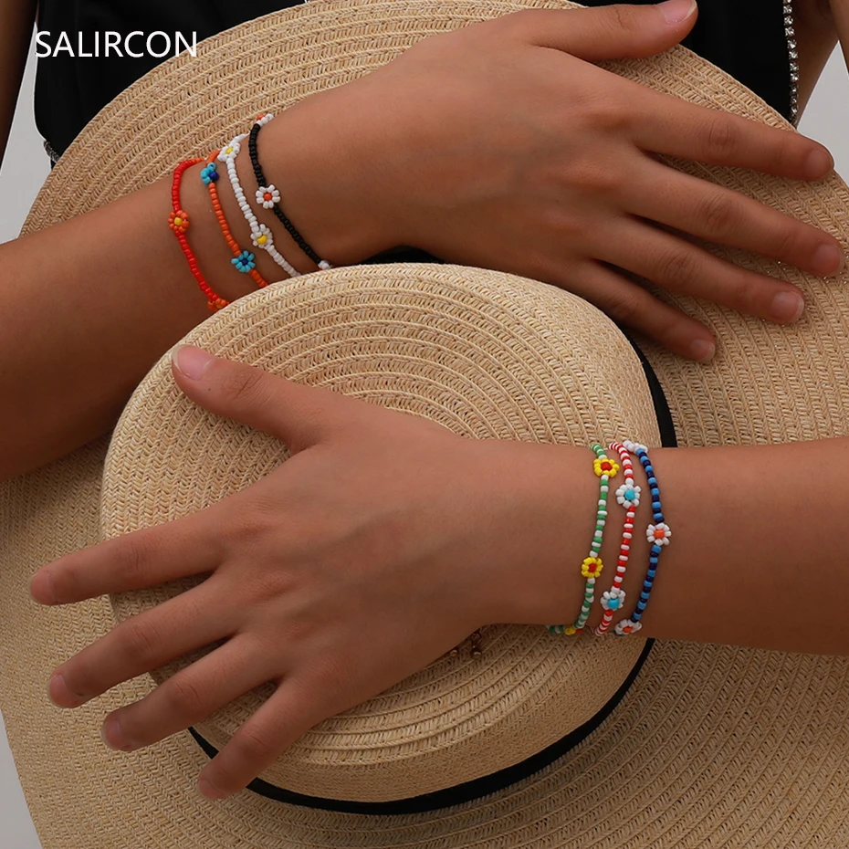 

Salircon Boho Colorful Seed Beads Acrylic Charm Bracelet Bangle For Women Handmade Flower Daisy Bracelet Kpop Friendship Jewelry
